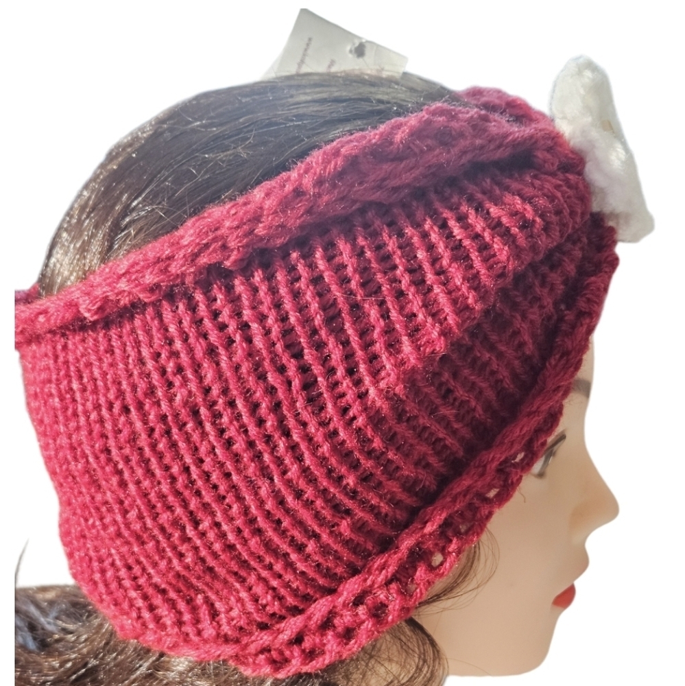 Hand Crafted 3 in 1 hair accessory crochet floral ear warmer Winter headband red - Picture 11 of 17